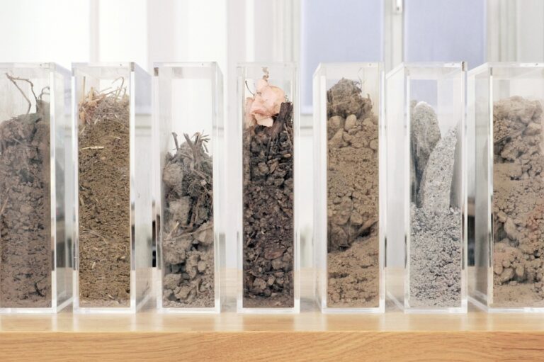Emanuela Ascari, Materia Primaria, 2011-2013. Teche in plexiglass, terreni vari, rocce, ghiaie, argille, fossili, sabbie, elementi organici. Courtesy l’artista 